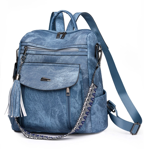 Women Vintage PU Leather Backpack Multipurpose Bag With Tassel Decorative Braided Strap Fashion Ethnic Travel Daypack