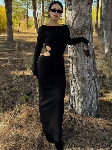 Abito Lungo Bodycon Da Donna A Maniche Lunghe Con Apertura In Vita Anello In Metallo Elegante Sexy Nero Poliere Spandex