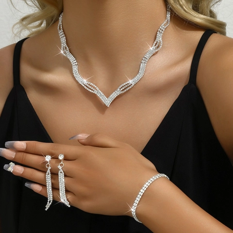 Collana Orecchini Bracciale Strass Argento Forma V Matrimonio Gioielli Sposa Accessorio Festa Donne Elegante