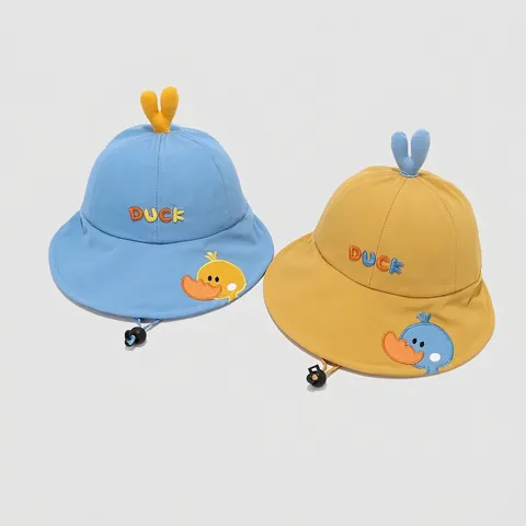 Kids Sun Hat Cotton Bucket Hat Cartoon Duck Print Wide Brim Breathable Foldable Adjustable Windproof Strap Outdoor