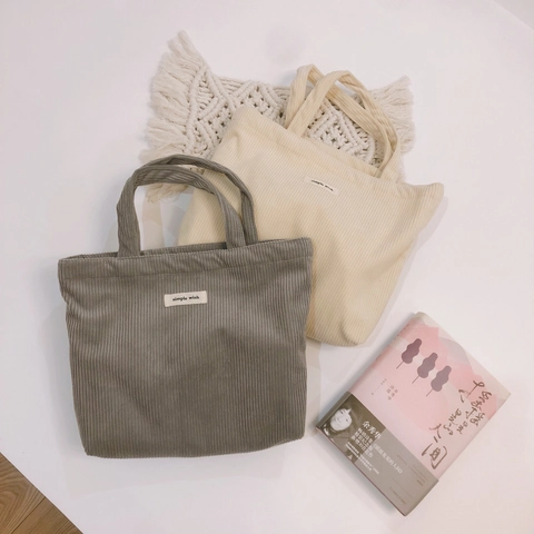 Small Corduroy Tote Bag Simple Minimalist Handbag Solid Color Aesthetic Casual Pouch With Canvas Lining For Women