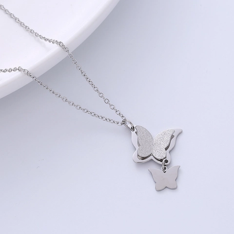 Double Butterfly Pendant Necklace 316L Stainless Steel Frosted Polished Finish Minimalist Jewelry Gift For Women