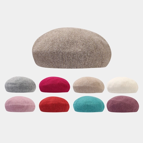 Women Beret Hat Rabbit Fur Blend Knit Warm Soft Solid Color French Style Artist Cap Winter Autumn Adjustable Accessory