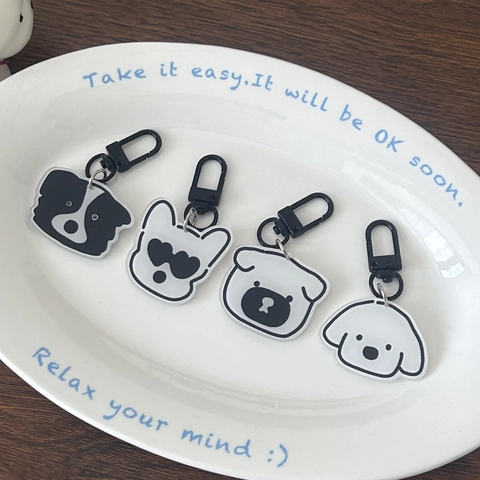 Cartoon Hondenkop Acryl Sleutelhanger Minimalistisch Zwart Wit Huisdier Tas Bedeltje Franse Bulldog Metalen Sluiting