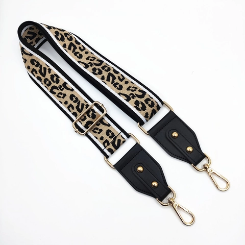 Verstellbarer Breiter Schultergurt Leopardenmuster Polyester Gurtband Goldene Metallschnallen Umhängetasche Zubehör Chic Mode Damen