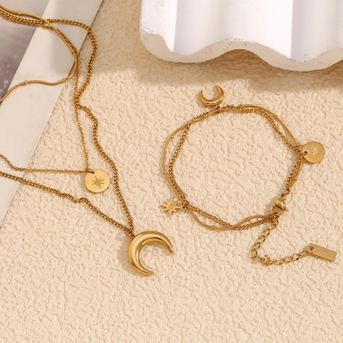 Collana Multistrato Luna E Stella Acciaio Inossidabile Placcato Oro 18K Pendente Ottogramma Gioielli Eleganti Per Donna