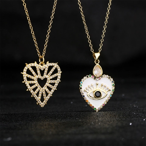 Evil Eye Herz Anhänger Halskette Für Frauen 18K Vergoldetes Kupfer Mit Bunten Zirkonia Hohl Design Eleganter Schmuck