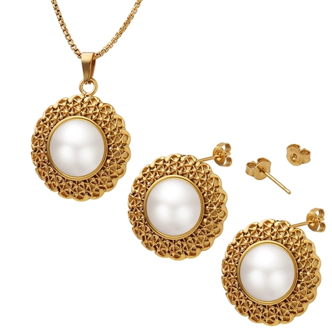 Franse Vintage Sieraden Ketting En Oorbellen Titanium Staal Verguld Imitatie Kunstparel Hol Geweven Voor Dames Elegant