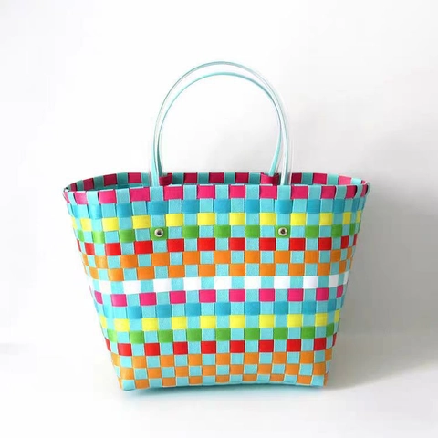 Colorful Plastic Woven Tote Bag Waterproof Large Capacity Shopping Basket With Transparent Handles For Beach Picnic Grocery