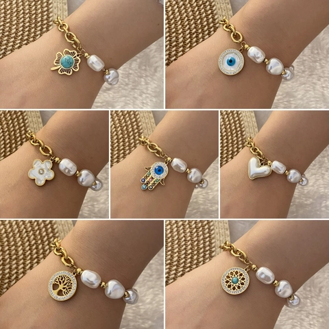 Edelstahl Armband Mit Barocken Unregelmäßigen Künstliche Perlen Hamsa Hand Böser Blick Baum Des Lebens Herz Blume Anhänger