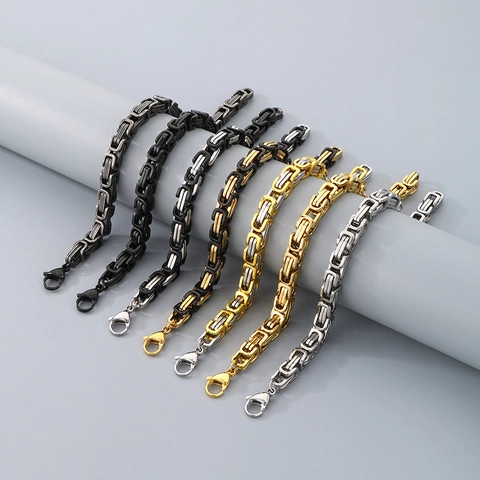 Men Stainless Steel Byzantine Chain Bracelet Thick Geometric Link With Lobster Clasp Punk Rock Jewelry For Unisex