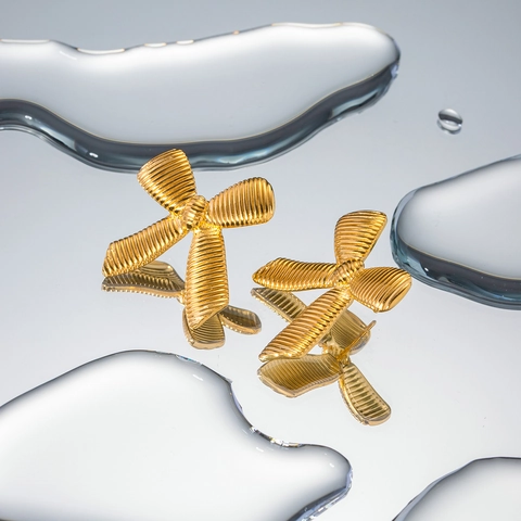 Textured Bow Knot Stud Earrings 18K Gold Plated Stainless Steel Striped Ribbon Design Elegant Jewelry For Women