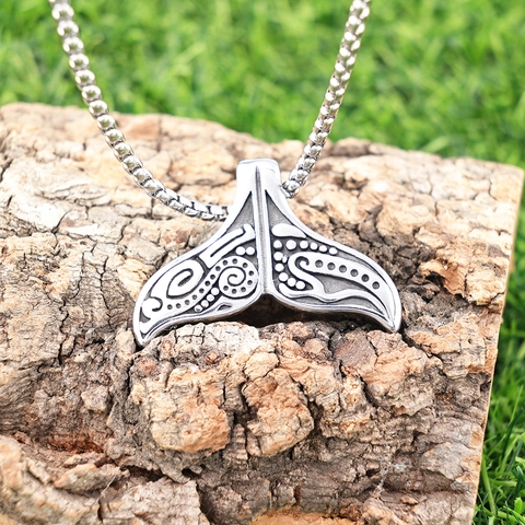 Viking Totem Whale Tail Pendant Necklace Stainless Steel Polished Tribal Ocean Style Jewelry For Men Women