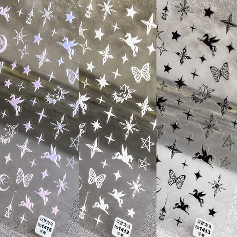 Autocollants Ongles Relief 5D Auto-adhésifs Stickers 3D Licorne Étoile Lune Papillon Décoration Manucure DIY