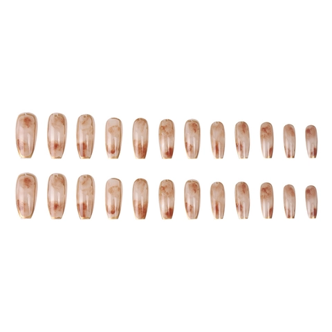 Amber Marmer Press On Nagels Gouden Rand Gradiënt Glanzend Doodskist Valse Nagels Verwijderbaar Volledige Dekking Voor Vrouwen