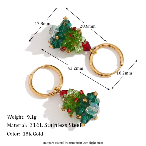 Weihnachtsbaum Anhänger Halskette Und Ohrringe Schmuck 18K Vergoldeter Edelstahl Bunte Kristallperlen Festliche Frauen