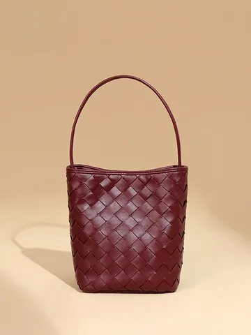 Bolso De Cubeta De Cuero PU Tejido Para Mujer Minimalista Color Sólido Bolso Bandolera Ligero Elegante Bolso De Hombro