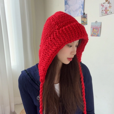 Winter Thick Knit Beanie Hat For Women With Long Braids Tie Warm Ear Protection Crochet Balaclava Windproof Solid Color Cap