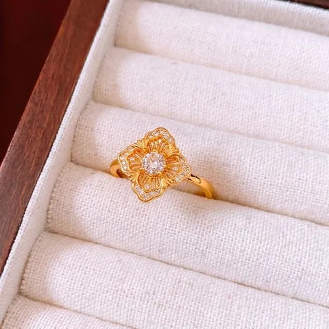 Vintage Flower Open Ring Copper Real Gold Plated Exquisite Retro Adjustable Finger Jewelry For Women