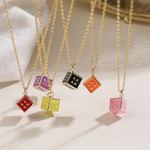 Fashion Copper Enamel Dice Pendant Necklace For Women Heart Dot Gold Plated Clavicle Chain Square Cube Jewelry Gift