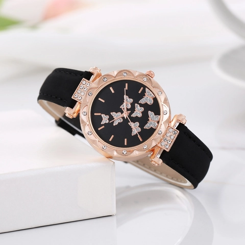 Mode Femmes Papillon Strass Montre à Quartz Boîtier Or Rose Bracelet en Satin Montre-Bracelet Décontractée Cadeau Bijoux