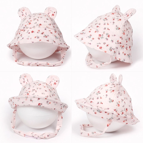 Baby Cotton Muslin Fisherman Hat With Cute Animal Ears Windproof Strap Infant Toddler Summer Breathable Sun Protection Hat