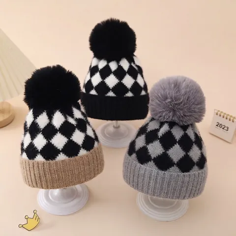 Berretto In Maglia Per Neonati Acrilico Caldo Inverno Pom Pon Motivo A Scacchi Argyle Neonato