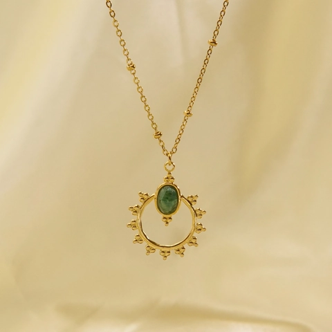 Parure de Bijoux Vintage Français Acier Inoxydable Pierre Naturelle Collier Boucles d'Oreilles Plqué Or Totem Solaire Femme