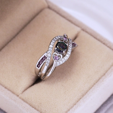 Bague en Cuivre pour Femme Mode Forme Coeur Incrustée de Zirconia Multicolore Argentée Bijou de Doigt Cadeau de Mariage