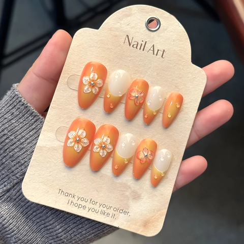 Orange Gradient Almond Shape Press On Nails With 3D Floral And Water Drop Decorations For Women French Style