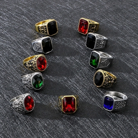 Vintage Roestvrijstalen Ring Voor Heren Met Grote Kunststeen Viking Gothic Retro Hip Hop Sieraden