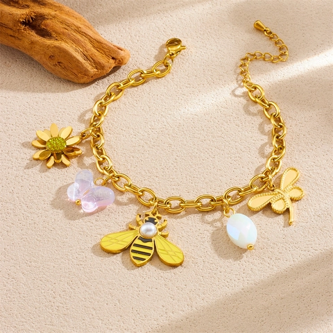 Pulsera De Acero Inoxidable Chapada En Oro Con Colgantes De Abeja Mariposa Flor Libélula Y Perla Artificial Estilo Natura