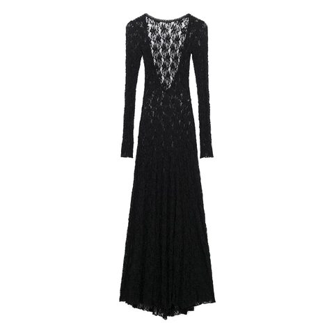 Women Sexy Black Lace Maxi Dress Backless Long Sleeve Round Neck Floor Length Elegant Party Evening Solid Color Gown