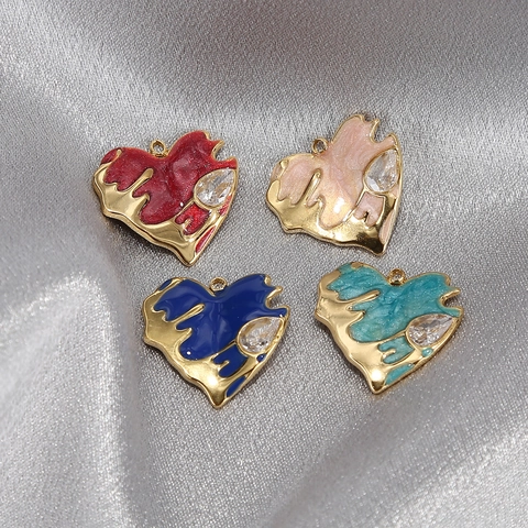 Colgante Corazón Acero Inoxidable Esmalte Colorido Con Circón Gota De Agua Para Creación Joyería DIY Amuleto Estilo Fundido
