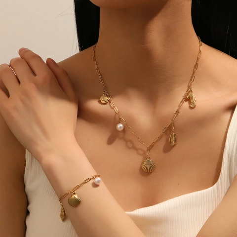 Ocean Theme Necklace And Bracelet Gold Plated Stainless Steel Faux Artificial Pearl Starfish Shell Summer Beach Jewelry For Women