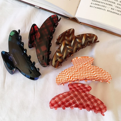 Molletta Per Capelli In Acetato Francese Tenuta Forte Motivo A Scacchi Accessori Per Capelli Donna Elegante Clip Squalo