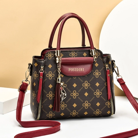 Sac À Main Rétro À Imprimé Monogramme En Cuir PU Sac À Bandoulière Avec Pendentif À Gland Grande Capacité