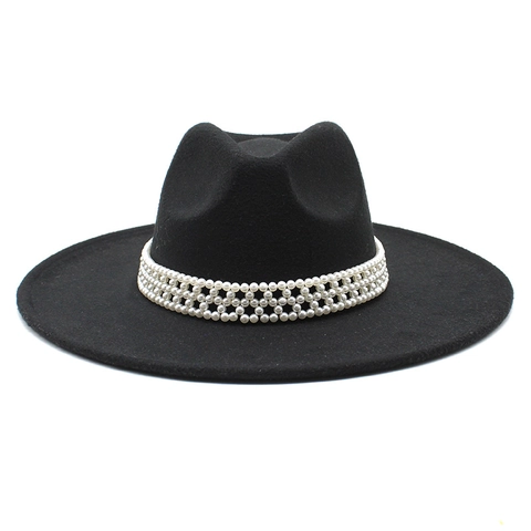 Wide Brim Fedora Hat Elegant Wool Felt Jazz Cap With Artificial Pearl Beaded Band Vintage Hepburn Style For Women Fashion Accessory