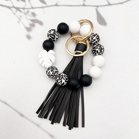 Boho Silicone Bead Keychain Wristlet With Artificial Leather Tassel Monstera Leaf Charm Printed Beaded Key Ring Holder For Women