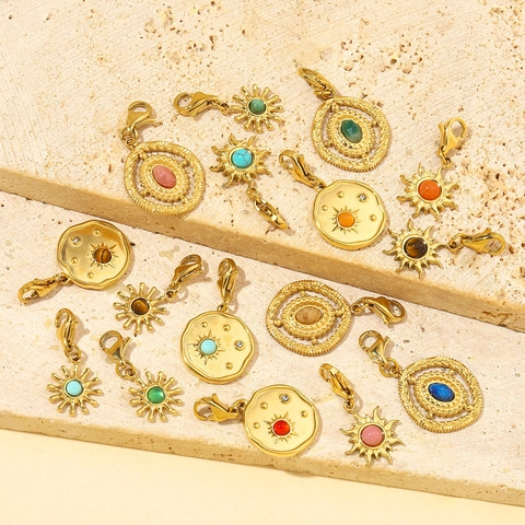 Retro Sun Natural Stone Pendant Charms Stainless Steel Detachable DIY Jewelry Making Components French Style