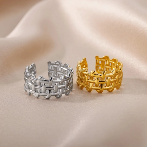Adjustable Open Rings 18K Gold Plated Stainless Steel Double Layer Woven Braided Geometric Hollow Punk Fashion Jewelry