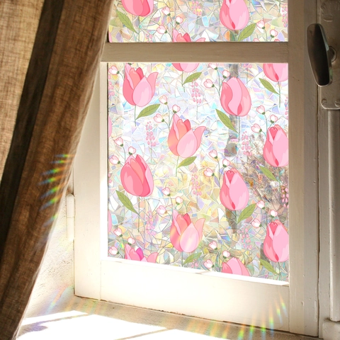 Pellicola per Finestre a Prisma Arcobaleno Tulipano Rosa Adesivo per Vetro Privacy Decorativo per Finestre di Casa