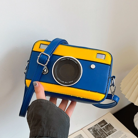 Novelty Camera Shaped Crossbody Bag PU Leather Contrast Color Retro Shoulder Purse For Women Fashionable Streetwear