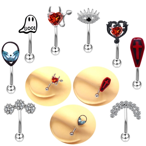 Gothic Punk Body Piercing Jewelry Stainless Steel With Zircon Devil Heart Coffin Ghost Evil Eye Butterfly Eyebrow Studs