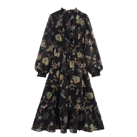 Maxikleid Mit Blumenmuster Aus Chiffon Für Damen Langarm Stehkragen Gesmokte Hohe Taille Eleganter Stufenrock