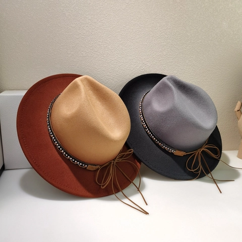 Vintage Woolen Fedora Hat For Women Gradient Color Block Jazz Hat Wide Brim British Style Rhinestone Decor Winter Felt Hat
