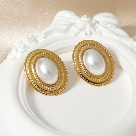 Orecchini Ovali Vintage in Acciaio Inossidabile Oro per Donna Eleganti Orecchini a Bottone con Perla Artificiale e Rilievo