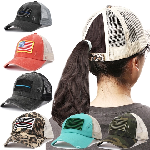 Women Ponytail Baseball Cap Distressed Washed Mesh Trucker Hat US Flag Patch Adjustable Messy Bun Sun Hat Retro Outdoor