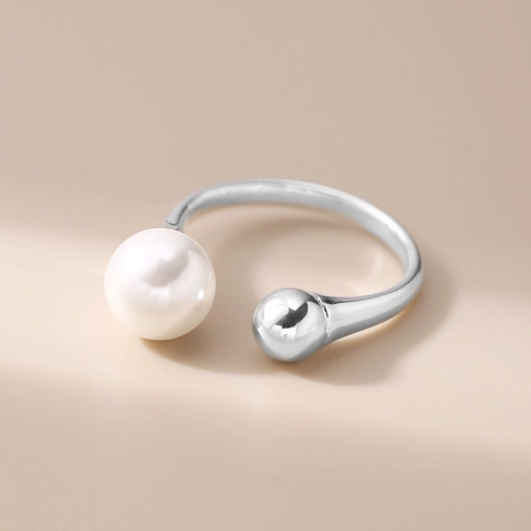 925 Sterling Silver Open Ring For Women Minimalist Geometric Plain Silver Color Artificial Pearl Ball Adjustable Fashion Jewelry Accessory Gift