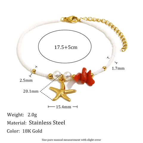 Bracciale Ciondolo Stella Marina Donna Acciaio Inossidabile Placcato Oro Perline Bianche Perla Artificial Sintetica Corallo Rosso Gioielli